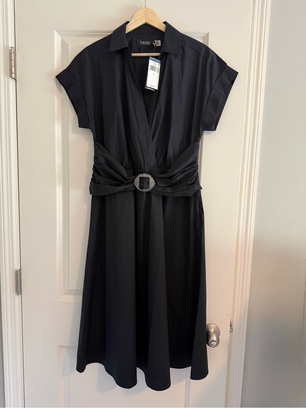Lauren Ralph Lauren Black Short Sleeve Dress Concho Buckle V Neck a line Size 8